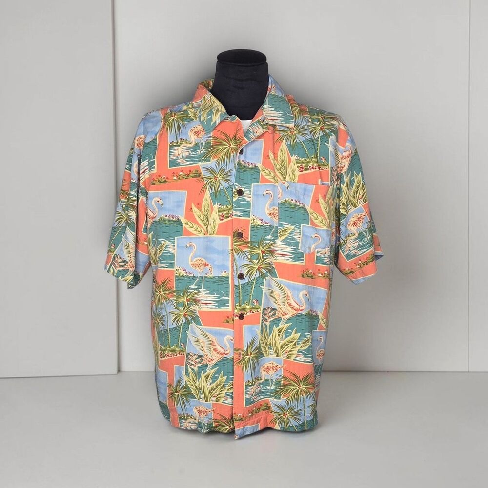 Bermuda Bay Pink Flamingo Silk Hawaiian Short Sleeve Shirt Men's Size XXL